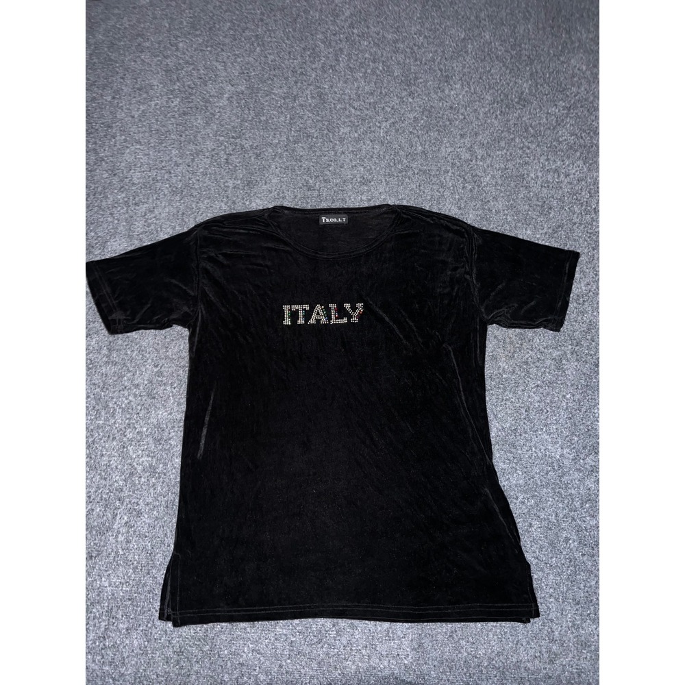 T's.CO.L.T Black Velvet Rhinestone Italy Graphic Short Sleeve T-Shirt One Size